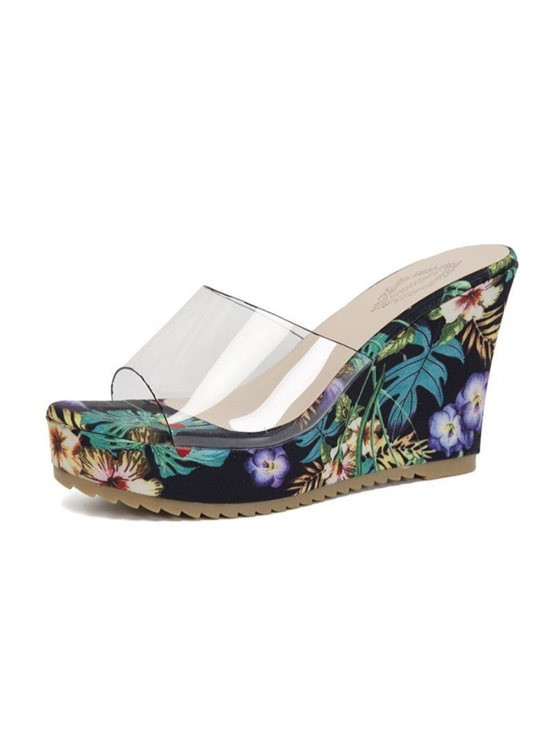 Floral Print High Heel Transparent Platform Wedges Sandals Women Fashion High Heels Female Summer