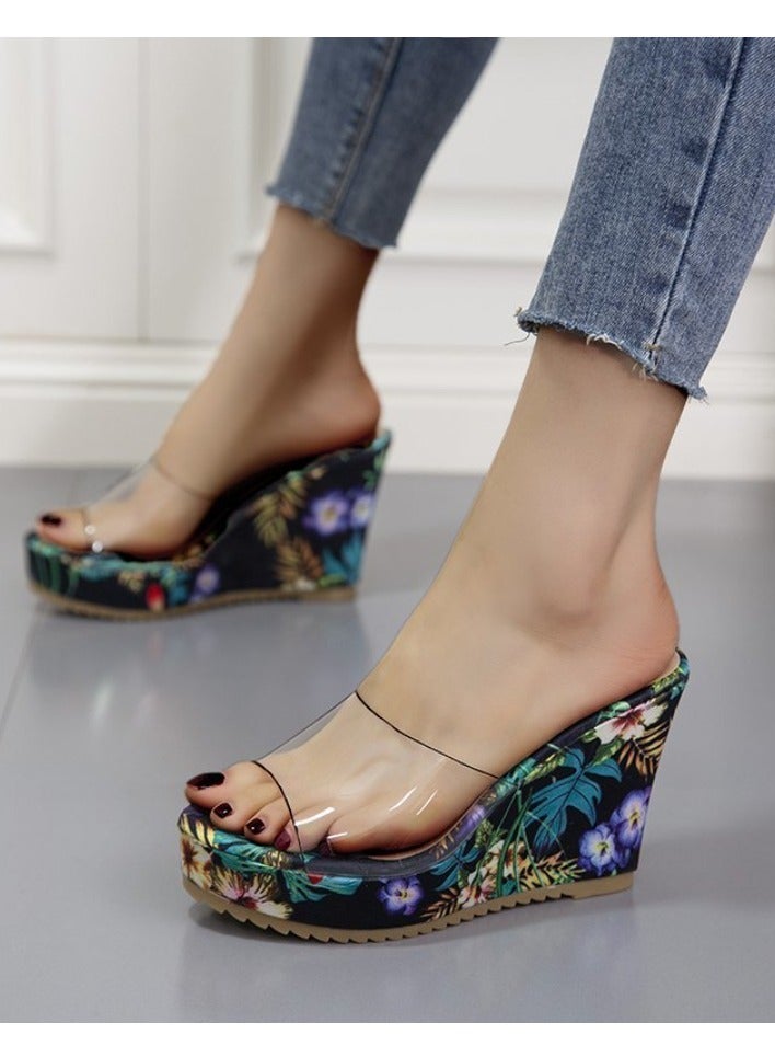 Floral Print High Heel Transparent Platform Wedges Sandals Women Fashion High Heels Female Summer