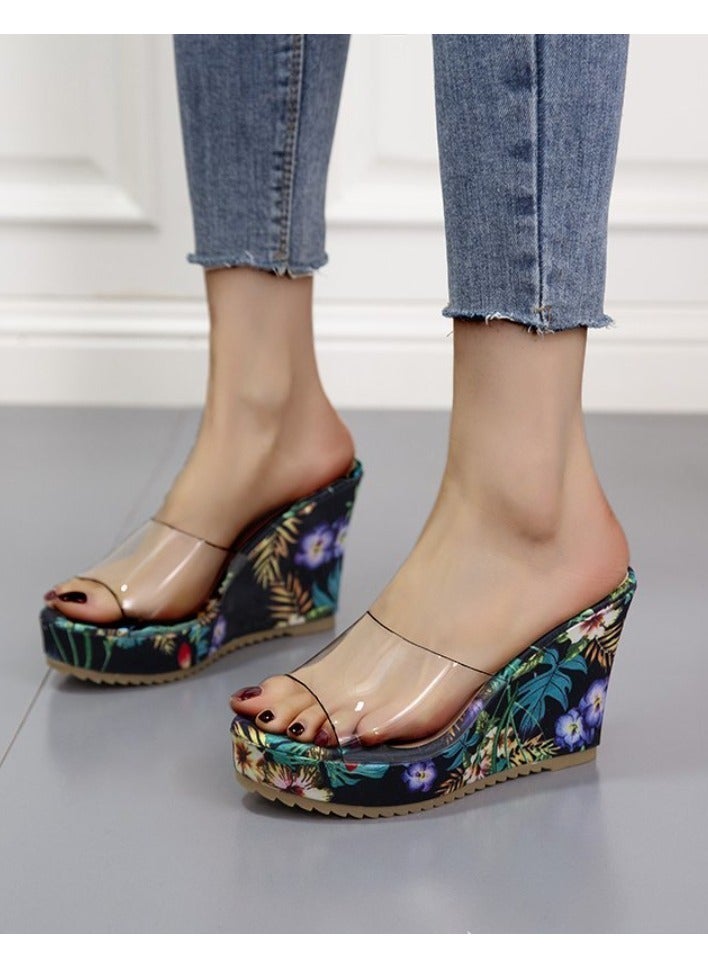 Floral Print High Heel Transparent Platform Wedges Sandals Women Fashion High Heels Female Summer