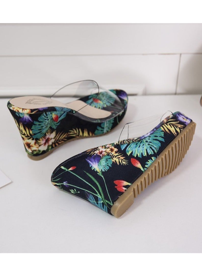 Floral Print High Heel Transparent Platform Wedges Sandals Women Fashion High Heels Female Summer