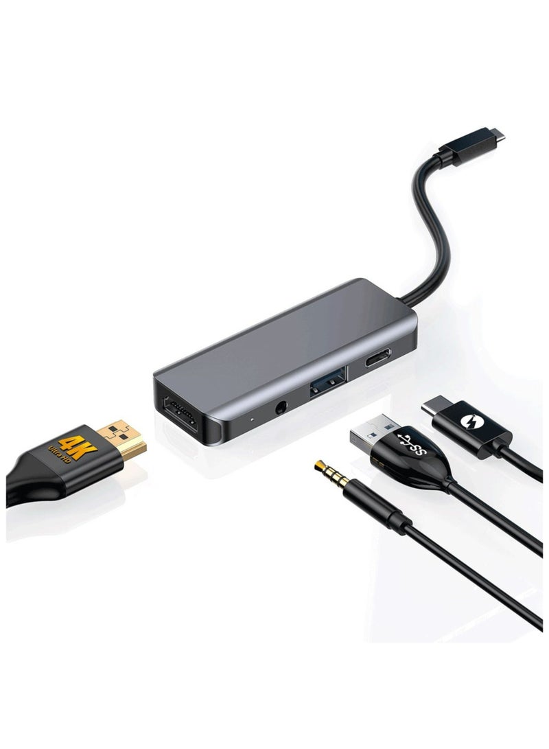 4 In1 USB-C Hub Type-C PD 100W HDMI USB 3.5Mm Aux Grey