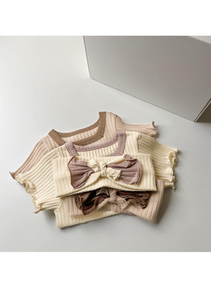 Baby Soft Breathable Cotton Short Sleeve T-shirt + Briefs + Hair Tie Beige Three-Piece Set