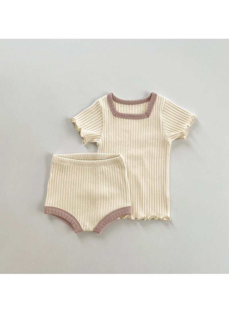 Baby Soft Breathable Cotton Short Sleeve T-shirt + Briefs + Hair Tie Beige Three-Piece Set