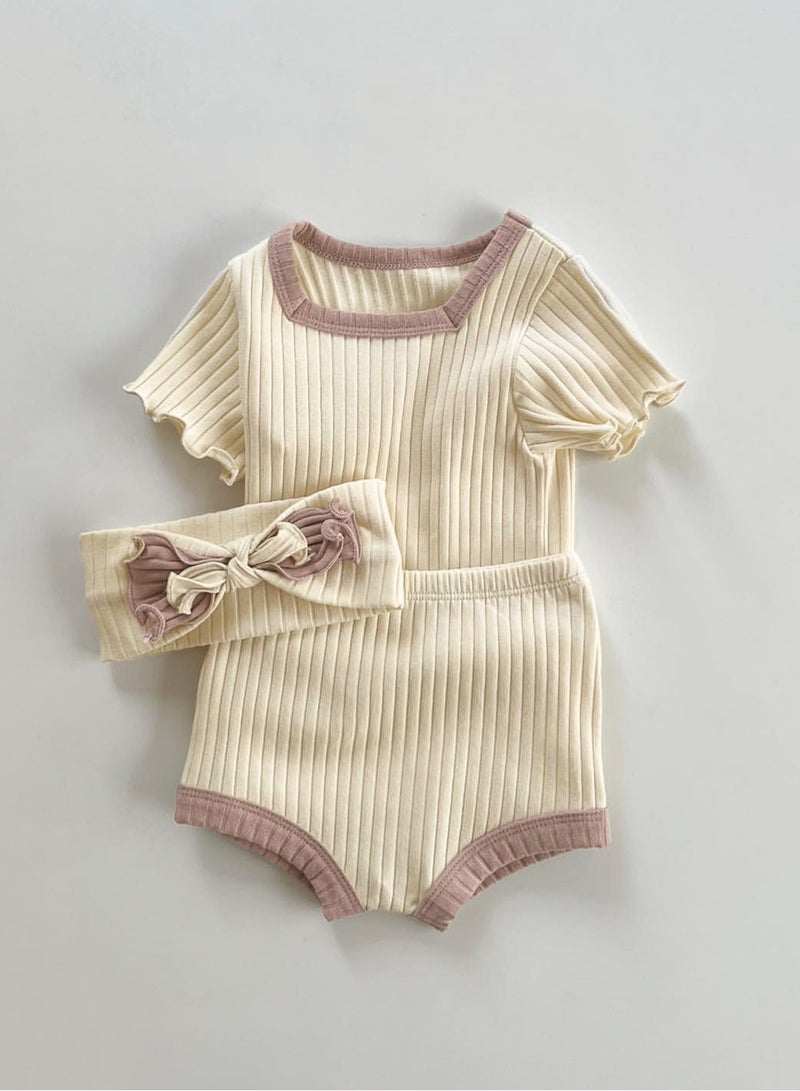 Baby Soft Breathable Cotton Short Sleeve T-shirt + Briefs + Hair Tie Beige Three-Piece Set