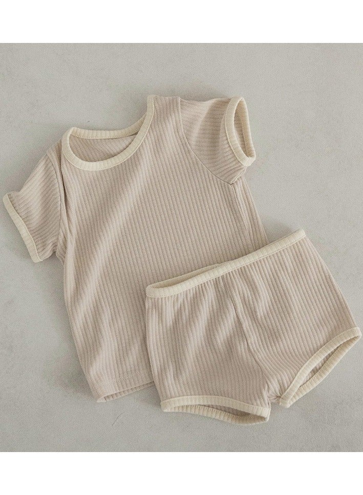 Baby Soft Breathable Cotton Short-Sleeved T-Shirt + Shorts Split + Hairband Apricot Color Three-Piece Set