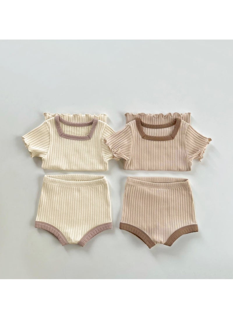 Baby Soft Breathable Cotton Short Sleeve T-shirt + Briefs Pink Apricot Two-piece Set