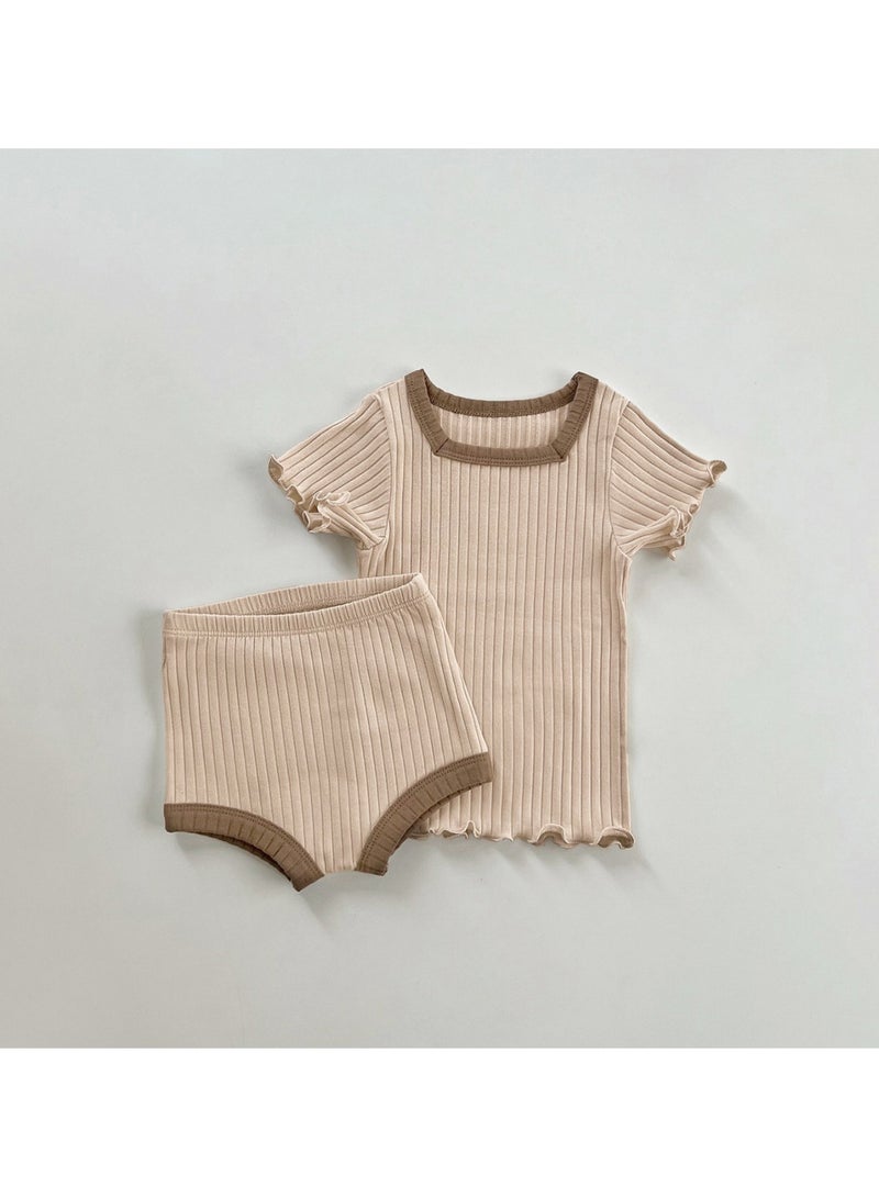 Baby Soft Breathable Cotton Short Sleeve T-shirt + Briefs Pink Apricot Two-piece Set