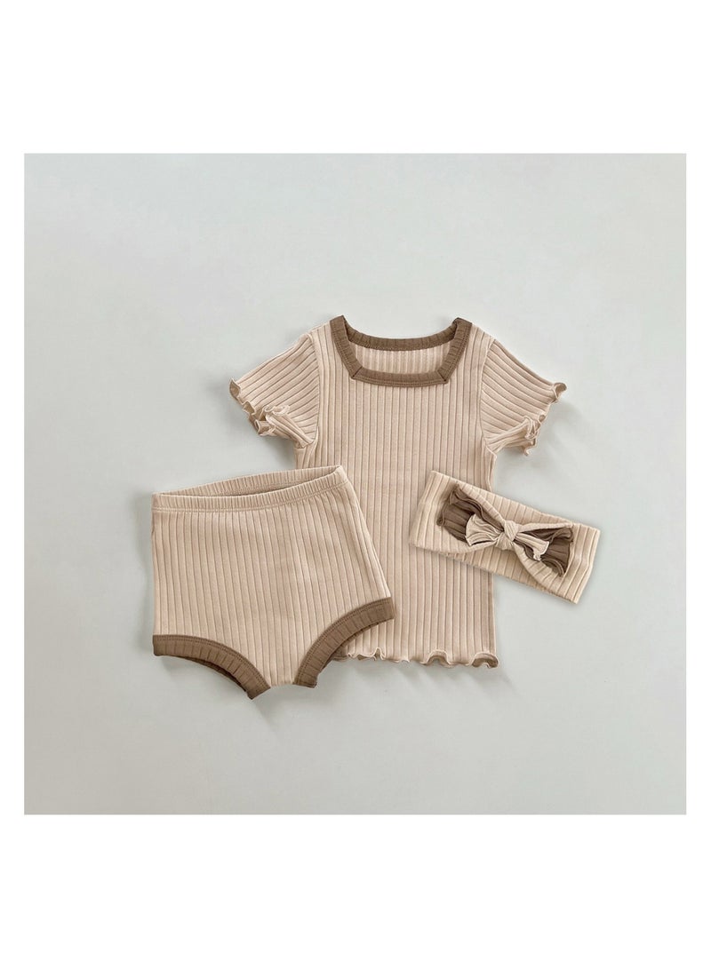 Baby Soft Breathable Cotton Short Sleeve T-shirt + Briefs + Hair Tie Pink Apricot Three-Piece Set