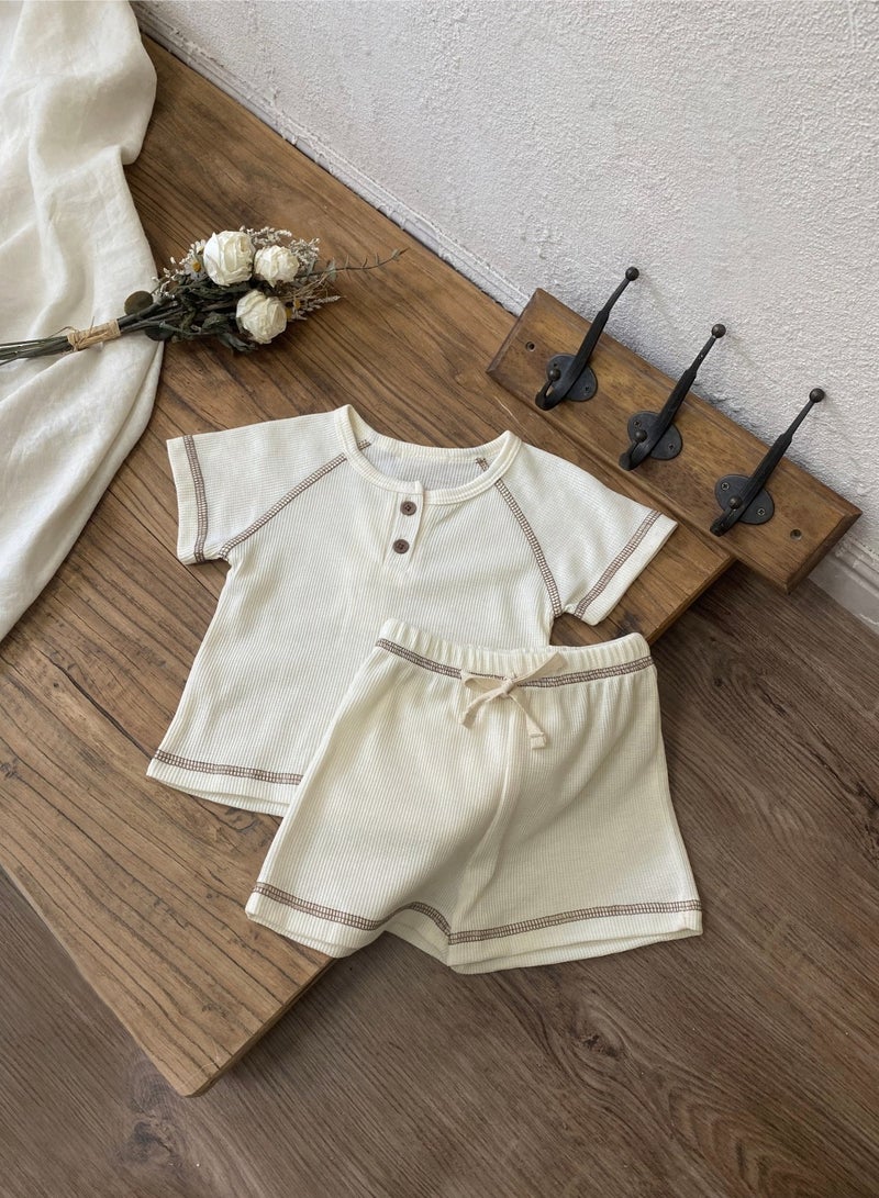 Baby soft breathable cotton short-sleeved T-shirt + shorts Beige two-piece set