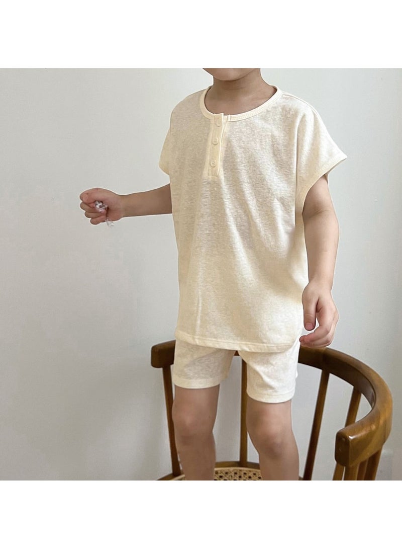 Baby Soft Breathable Cotton Short-Sleeved T-Shirt + Shorts Apricot Two-Piece Set