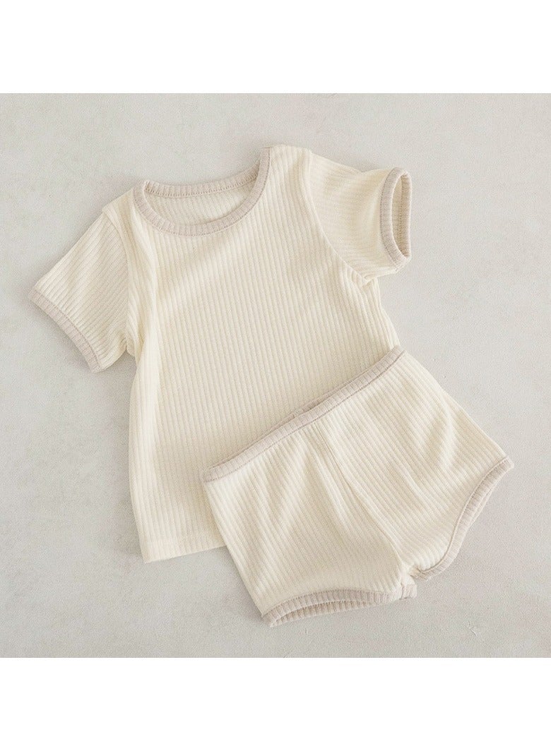 Baby Soft Breathable Cotton Short-Sleeved T-Shirt + Shorts Split Cream Color Two-Piece Set