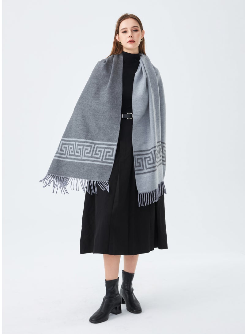 Soft Wool Scarf with Greek Key Design Grey