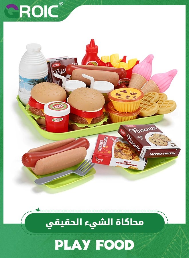 30 PCS Fast Food Set,Kitchen Toy Set for Pretend Play, Kitchen Accessories with Storage Bucket, Pizza, Burger, Ice Cream, Hot Dog,,Kids Toddlers Play Food Toys, Party Favor