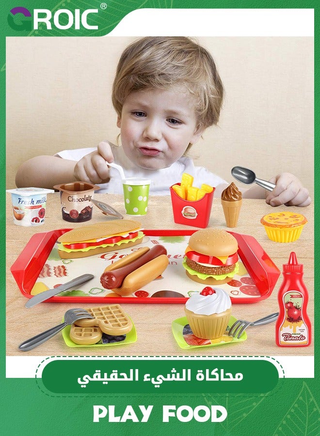 30 PCS Fast Food Set,Kitchen Toy Set for Pretend Play, Kitchen Accessories with Storage Bucket, Pizza, Burger, Ice Cream, Hot Dog,,Kids Toddlers Play Food Toys, Party Favor