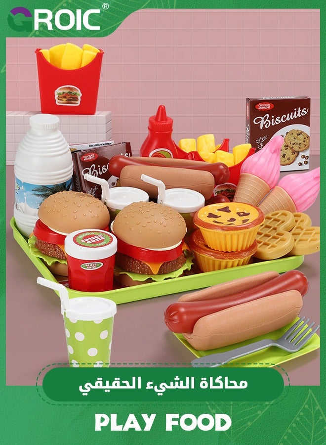 30 PCS Fast Food Set,Kitchen Toy Set for Pretend Play, Kitchen Accessories with Storage Bucket, Pizza, Burger, Ice Cream, Hot Dog,,Kids Toddlers Play Food Toys, Party Favor