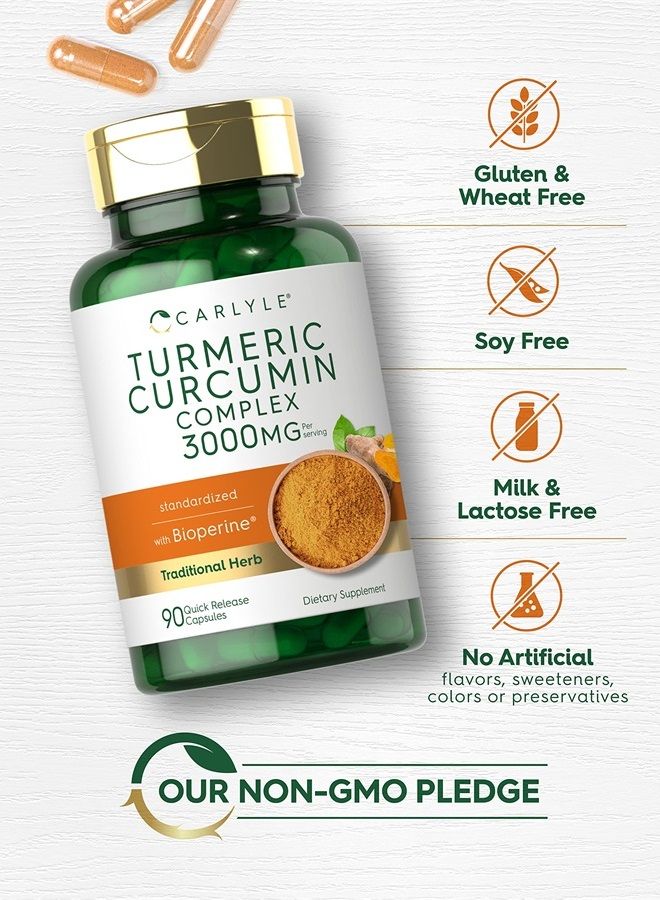 Turmeric Supplement 3000mg | 90 Powder Capsules | Turmeric Curcumin with Black Pepper | Joint Support Complex with Bioperine | Non-GMO, Gluten Free