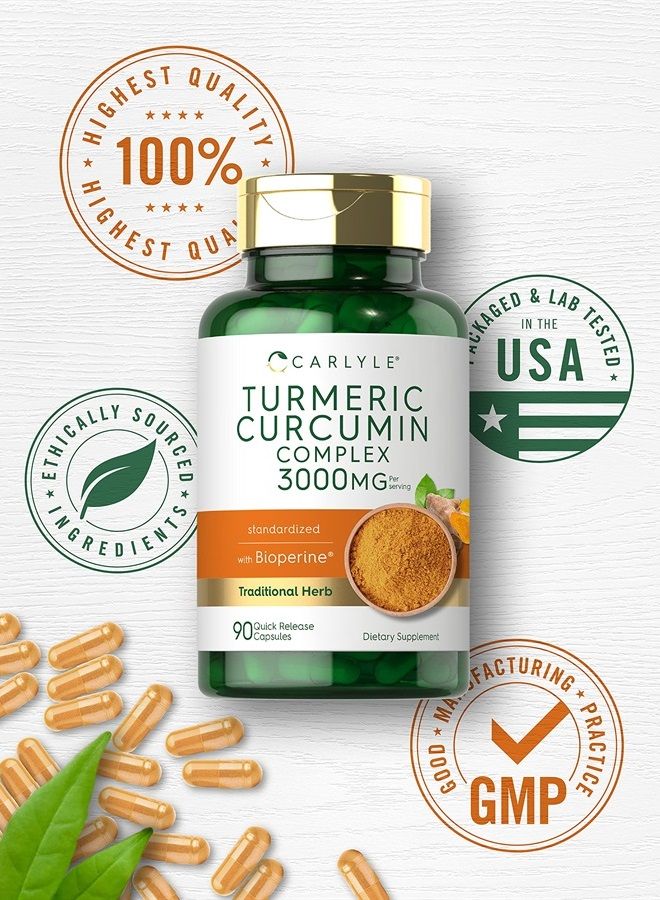 Turmeric Supplement 3000mg | 90 Powder Capsules | Turmeric Curcumin with Black Pepper | Joint Support Complex with Bioperine | Non-GMO, Gluten Free