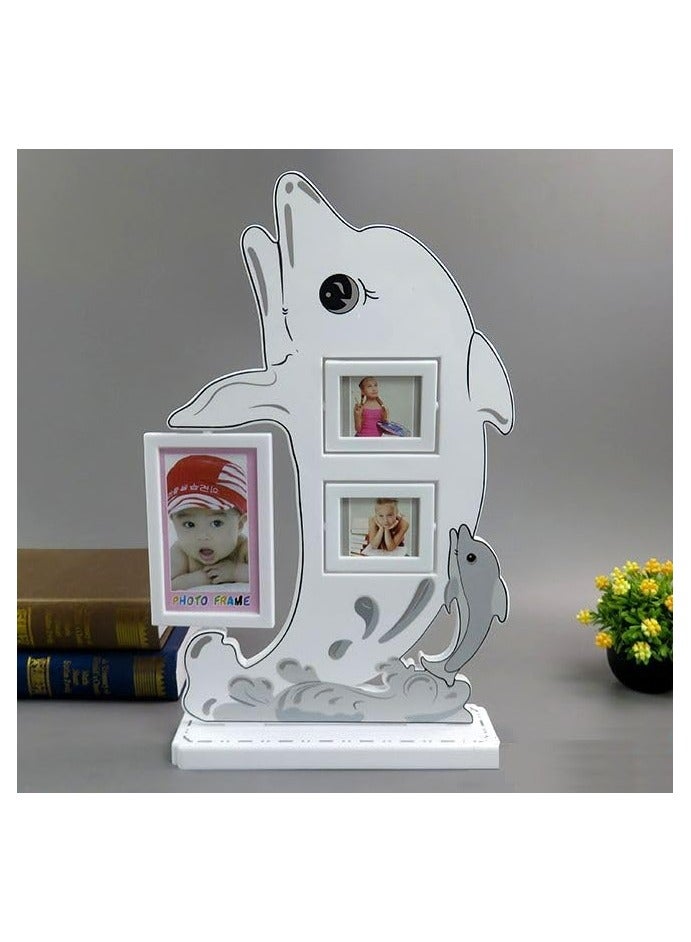 Dolphin Photo Frame, 3-Window Die-Cut Anime Design, Animal Picture Frame for Kids and Adults, Ocean-Themed Decorative Display for Home, Desk, or Office