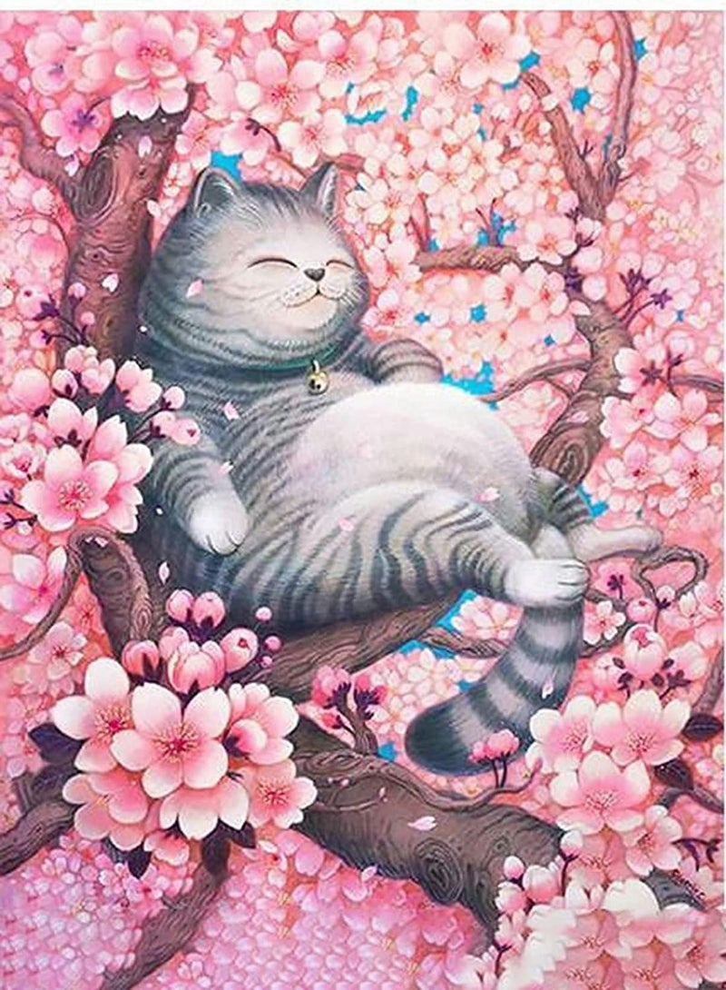 Cat Flowers 5D Diamond Painting Numbers Kit, Paint Round Beads Full Drill Canvas Wall Home Decoration Gift, DIY for Adults & Kids