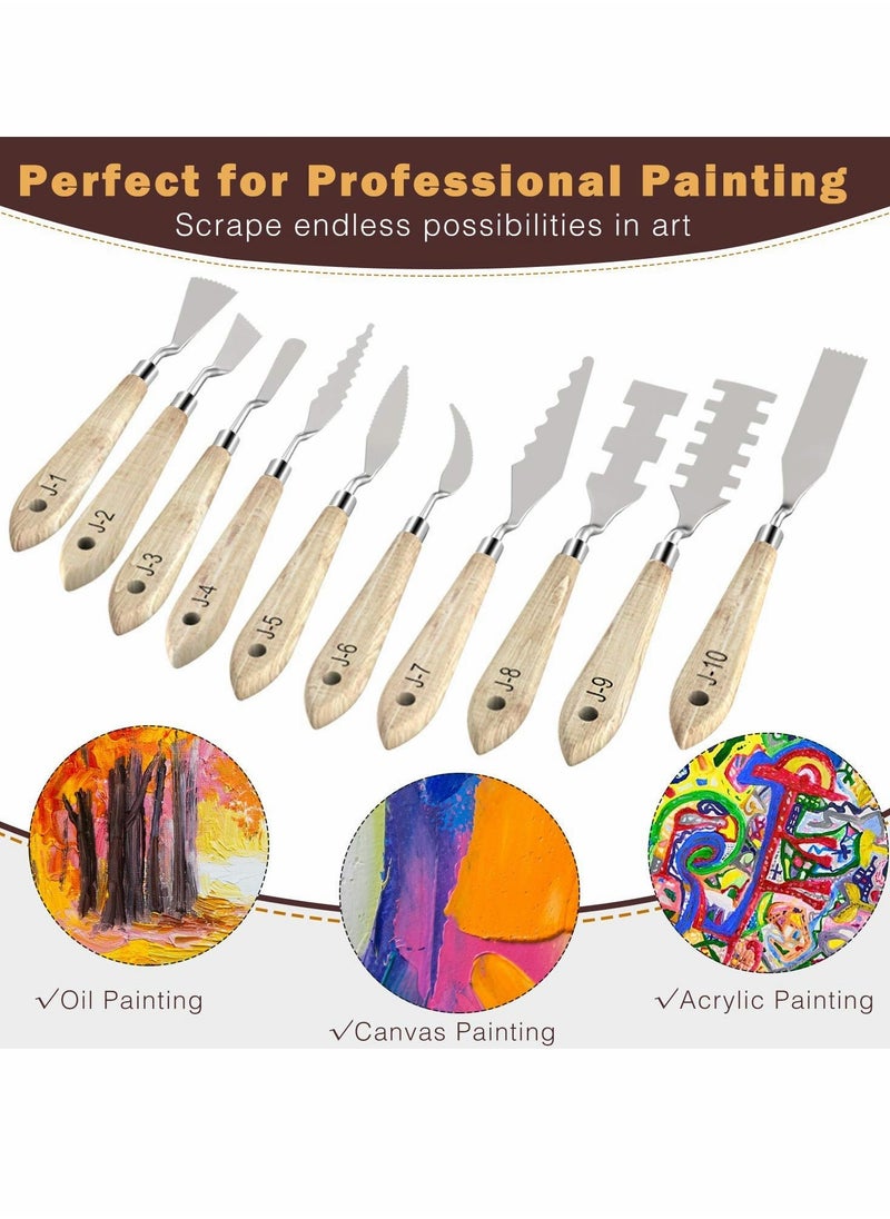 10 Piece Stainless Steel Palette Knife Set for Art, Flexible Tools with Wooden Handle for Oil and Acrylic Painting, Color Mixing and Texture Creation