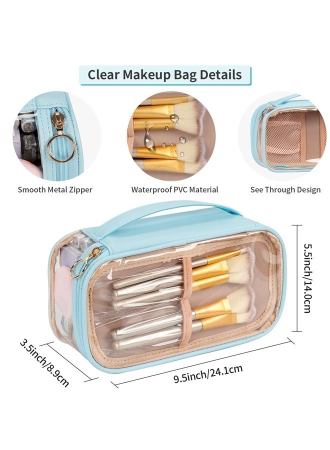 Clear Makeup Bag, Portable Makeup Storage Organizer Cosmetic Bag, Travel Makeup Bag Cute Clear Pouch For Women and Girls Cosmetics Bags with Divider Makeup Brush Compartment-Lake Blue Clear