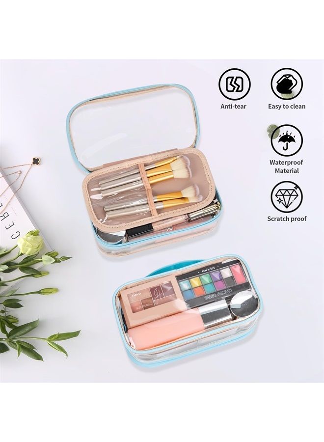 Clear Makeup Bag, Portable Makeup Storage Organizer Cosmetic Bag, Travel Makeup Bag Cute Clear Pouch For Women and Girls Cosmetics Bags with Divider Makeup Brush Compartment-Lake Blue Clear