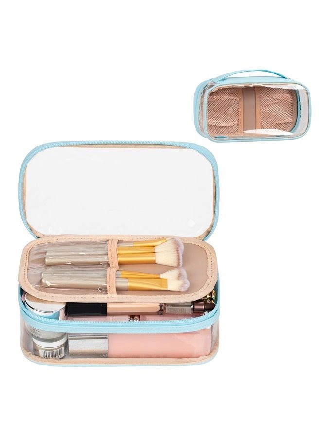 Clear Makeup Bag, Portable Makeup Storage Organizer Cosmetic Bag, Travel Makeup Bag Cute Clear Pouch For Women and Girls Cosmetics Bags with Divider Makeup Brush Compartment-Lake Blue Clear