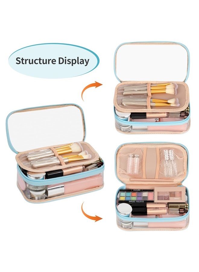 Clear Makeup Bag, Portable Makeup Storage Organizer Cosmetic Bag, Travel Makeup Bag Cute Clear Pouch For Women and Girls Cosmetics Bags with Divider Makeup Brush Compartment-Lake Blue Clear