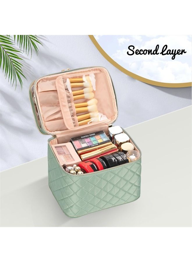 Large Makeup Bag, Double Layer Makeup Bag, Vertical Storage Cosmetic Case for Women/Girls with Multiple Compartments-Green