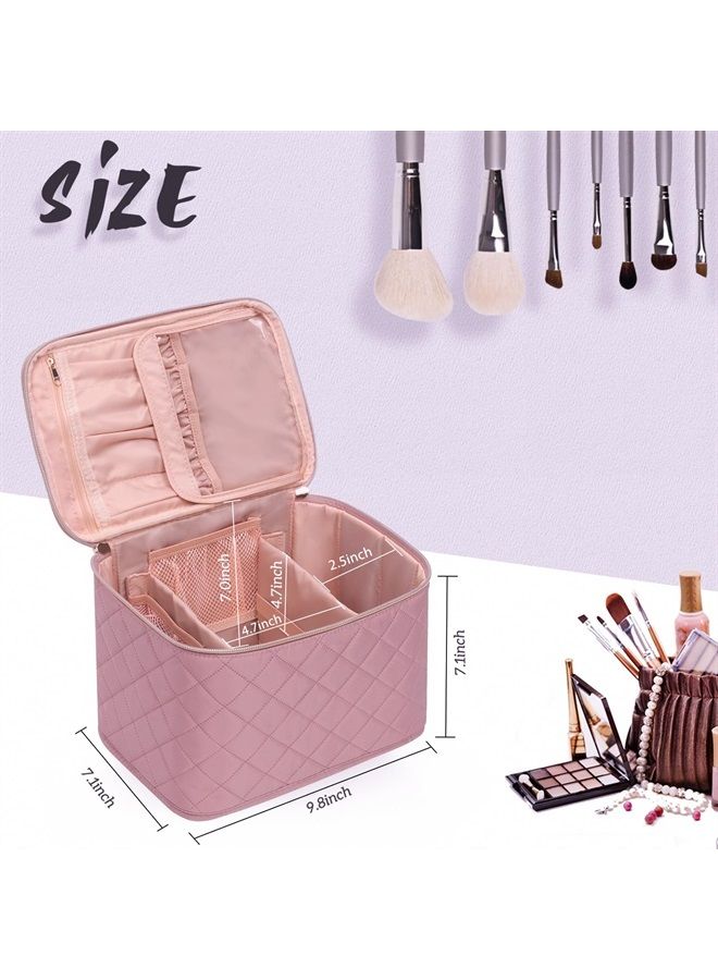 Makeup Bag,Large Travel Makeup Bag Organizer Cosmetic Bags for Women Washable Make Up Bag Makeup Organizer Case with Dividers - Large,Embossed Rhombus Pink