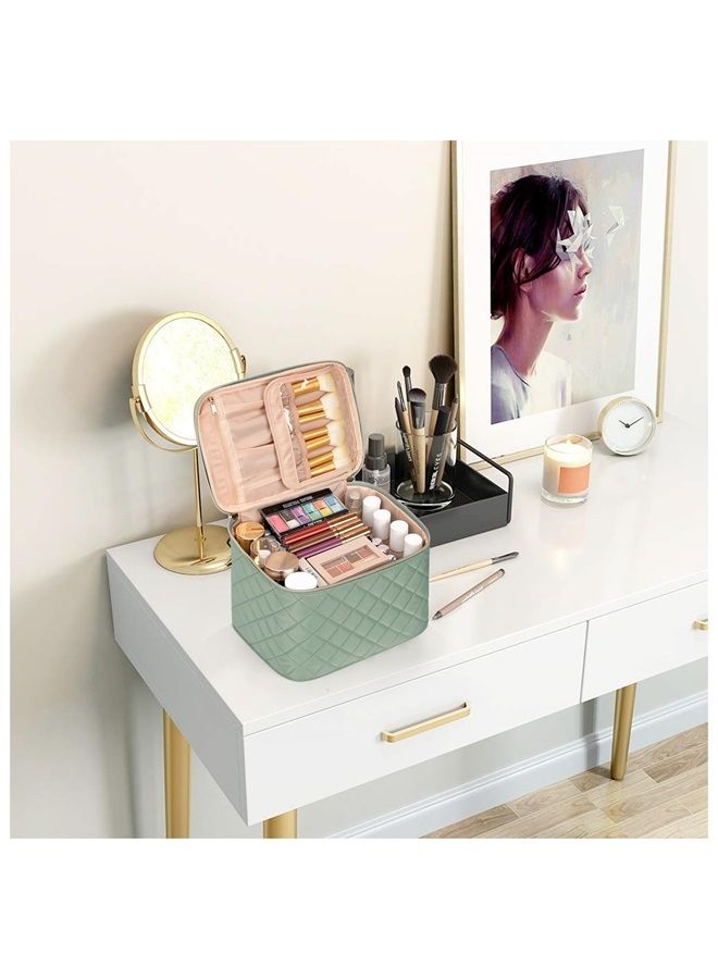 Makeup Bag,Large Travel Makeup Bag Organizer Cosmetic Bags for Women Washable Make Up Bag Makeup Organizer Case with Dividers - Large,Embossed Rhombus Green