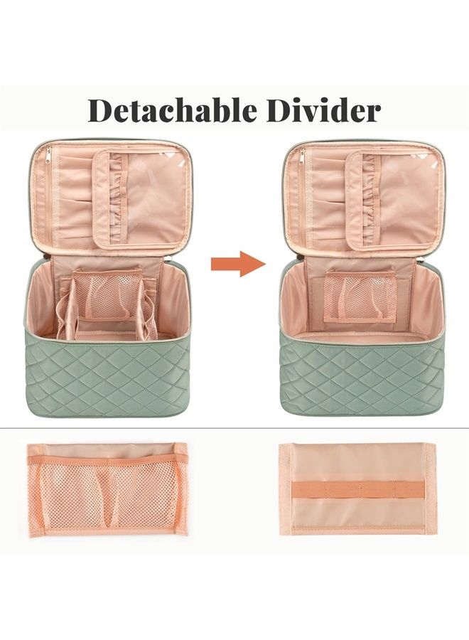 Makeup Bag,Large Travel Makeup Bag Organizer Cosmetic Bags for Women Washable Make Up Bag Makeup Organizer Case with Dividers - Large,Embossed Rhombus Green