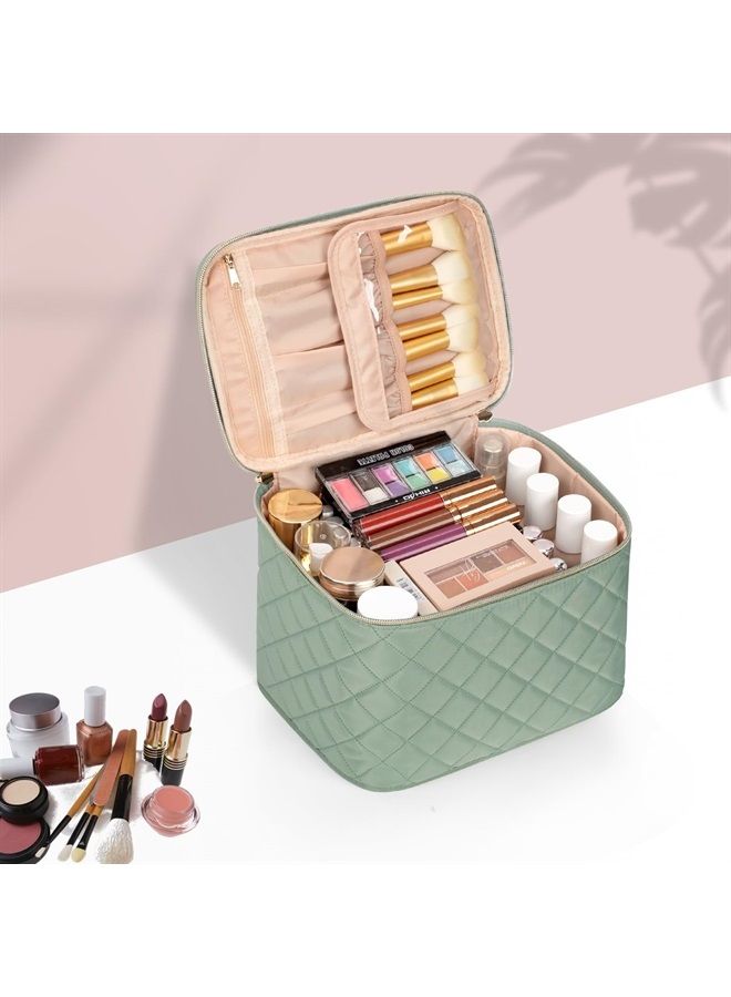 Makeup Bag,Large Travel Makeup Bag Organizer Cosmetic Bags for Women Washable Make Up Bag Makeup Organizer Case with Dividers - Large,Embossed Rhombus Green