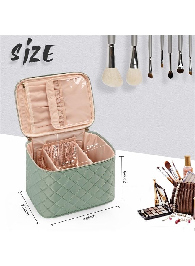 Makeup Bag,Large Travel Makeup Bag Organizer Cosmetic Bags for Women Washable Make Up Bag Makeup Organizer Case with Dividers - Large,Embossed Rhombus Green