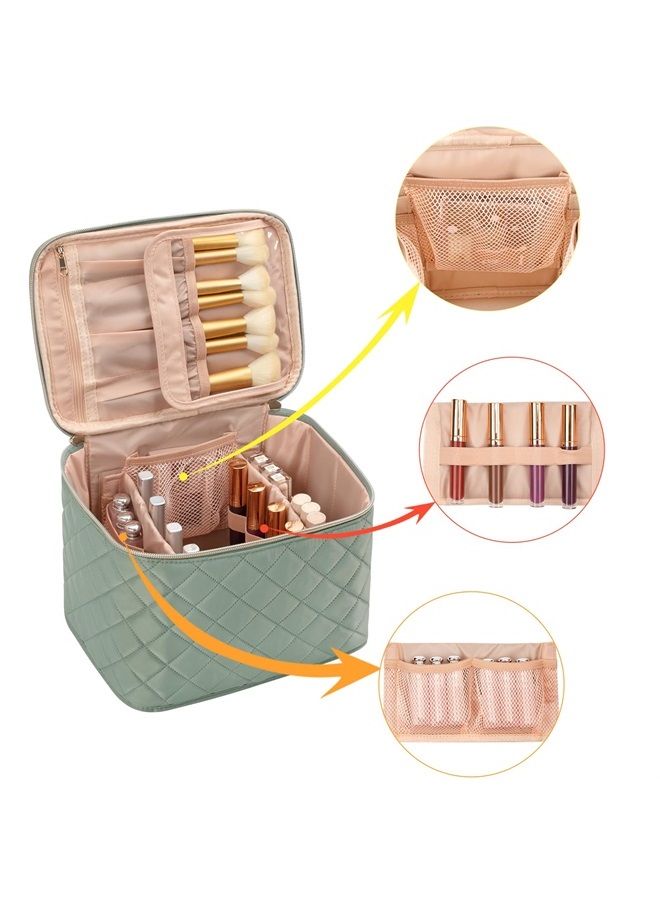 Makeup Bag,Large Travel Makeup Bag Organizer Cosmetic Bags for Women Washable Make Up Bag Makeup Organizer Case with Dividers - Large,Embossed Rhombus Green