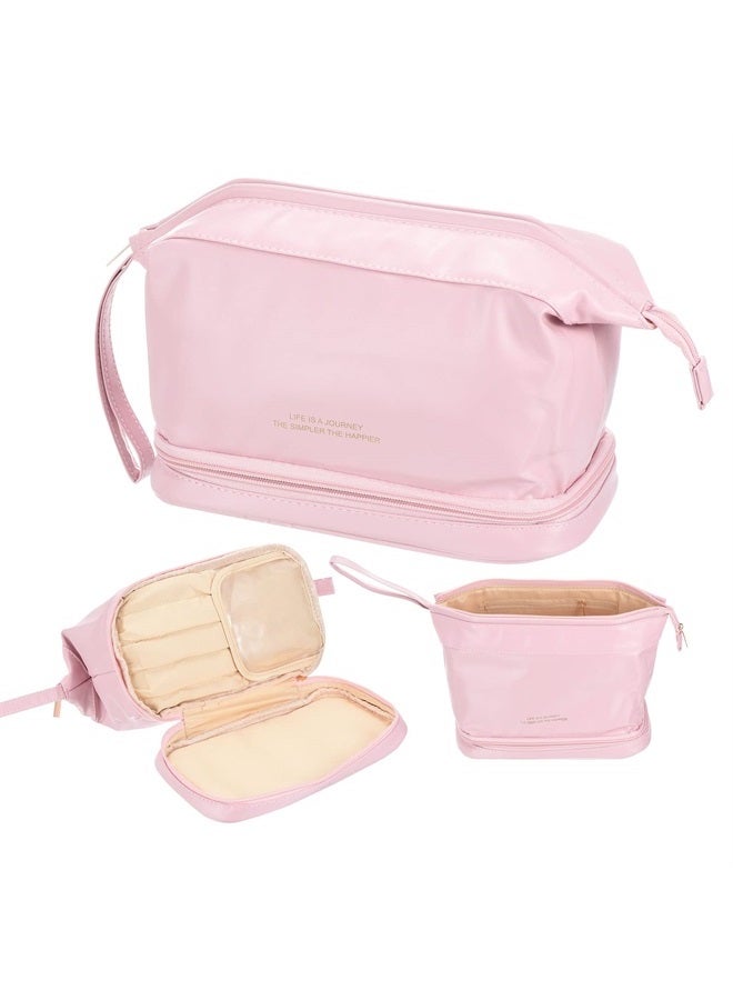 Travel Makeup Bag, Portable Large Capacity Toiletry Bag Double Layer Leather Cosmetic Bag for Women, Pink