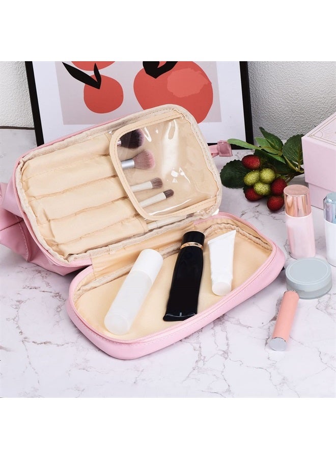 Travel Makeup Bag, Portable Large Capacity Toiletry Bag Double Layer Leather Cosmetic Bag for Women, Pink