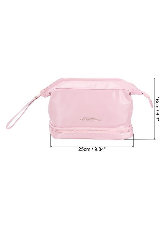 Travel Makeup Bag, Portable Large Capacity Toiletry Bag Double Layer Leather Cosmetic Bag for Women, Pink