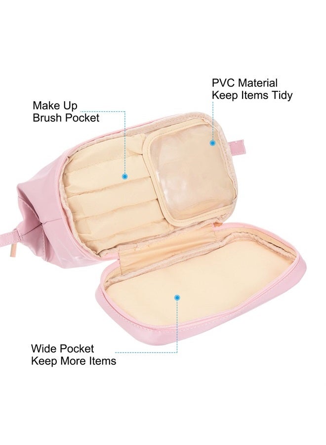 Travel Makeup Bag, Portable Large Capacity Toiletry Bag Double Layer Leather Cosmetic Bag for Women, Pink