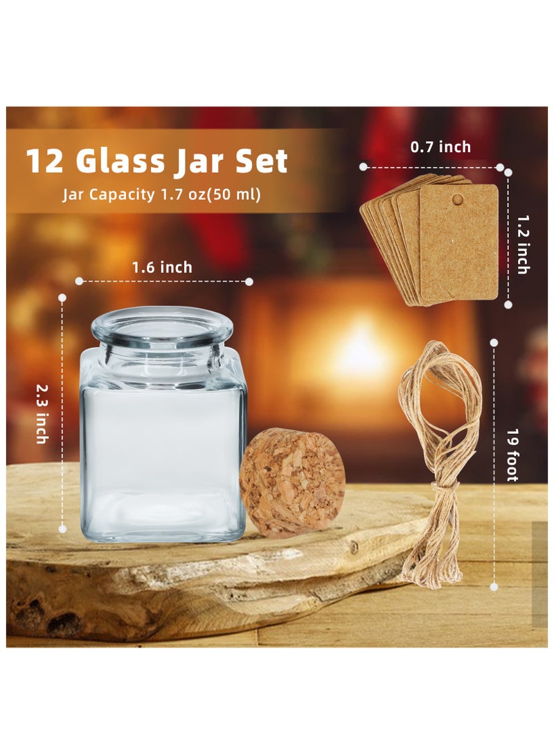 12Pack Small Glass Bottles with Cork Stoppers - 1.7 oz (50ml) Mini Jars with Twine and Blank Tags for Gift Favors, Spices, Crafts
