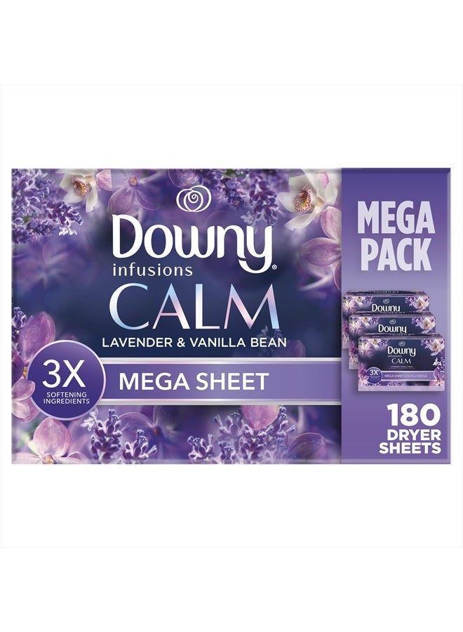 Infusions Mega Dryer Sheets, Laundry Fabric Softener, CALM, Lavender and Vanilla Bean, 180 Count