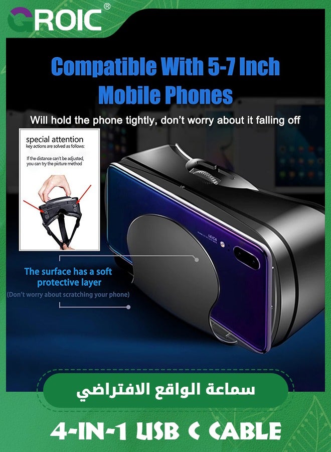 Black VR Headset with Controller Adjustable 3D VR Glasses Virtual Reality Headset HD Blu-ray Eye Protected Support 5-7 Inch for Phone/Android