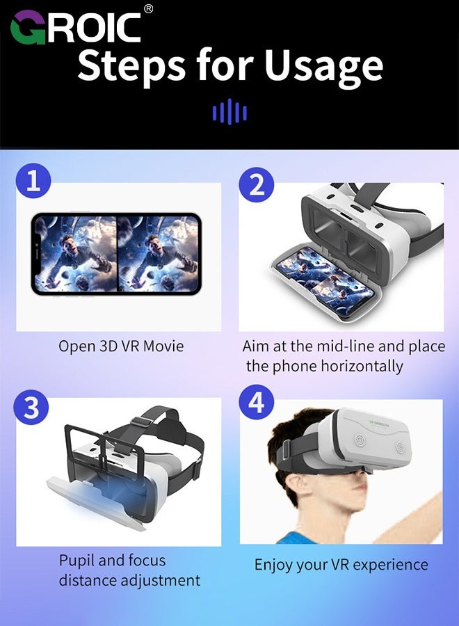 White VR Headset Compatible with iPhone & Android Phone Within 4.7-7.2inch Display Screen, Universal Virtual Reality Goggles, Soft & Comfortable Updated 3D Glasses