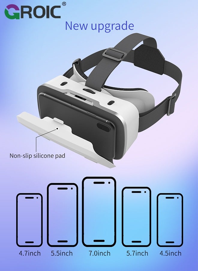 White VR Headset Compatible with iPhone & Android Phone Within 4.7-7.2inch Display Screen, Universal Virtual Reality Goggles, Soft & Comfortable Updated 3D Glasses