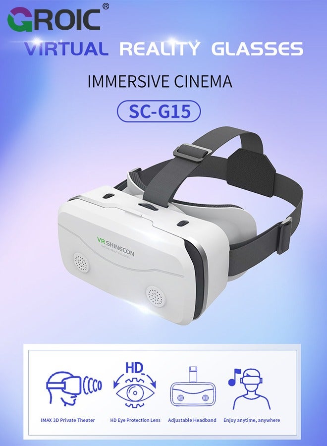 White VR Headset Compatible with iPhone & Android Phone Within 4.7-7.2inch Display Screen, Universal Virtual Reality Goggles, Soft & Comfortable Updated 3D Glasses