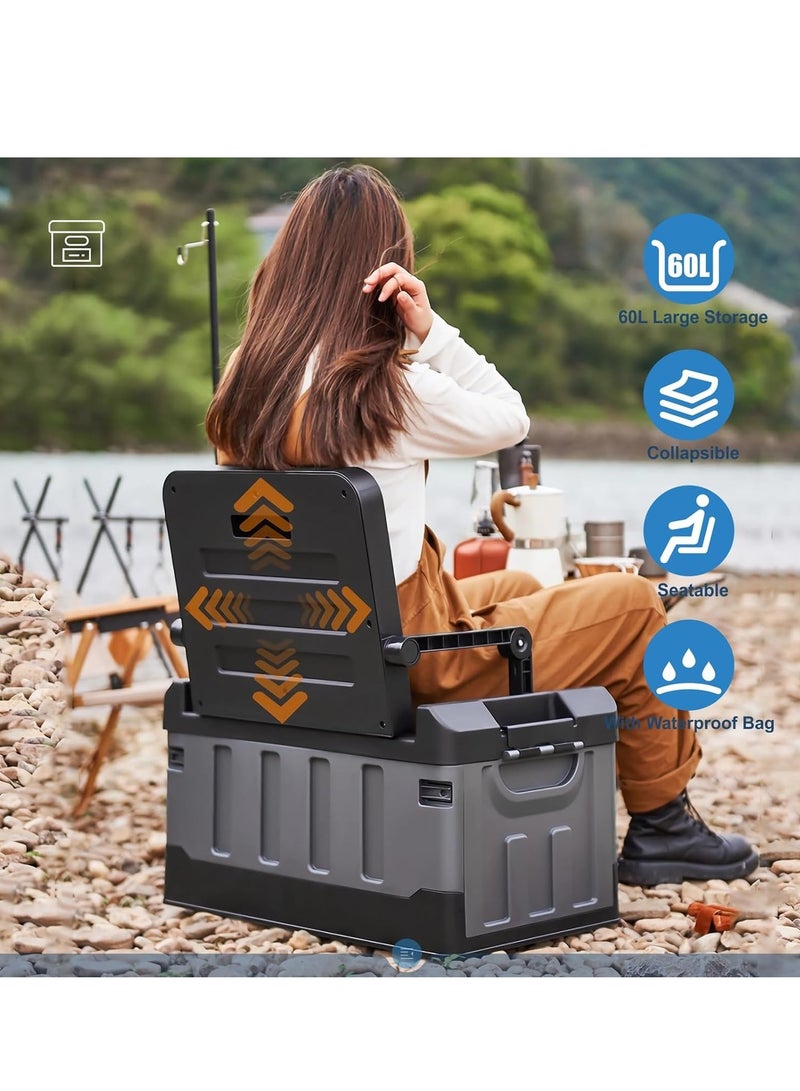 Outdoor Large Trunk Storage Box with Lid for Outdoor 60L, Seatable Camping Organizer with Waterproof Bag, Multifunctional Collapsible Camping Storage Box for Outdoor Picnic, Car, Clothes