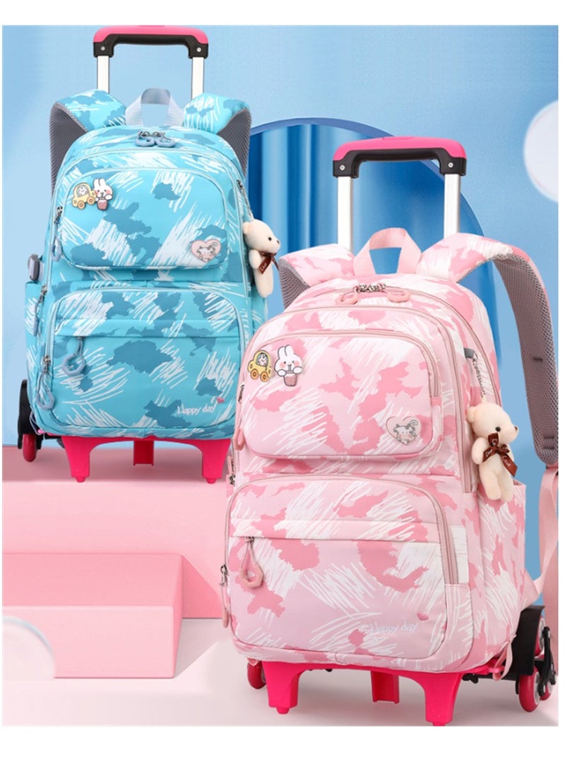 Students Backpack for Girls, Kids School Bag with Wheels Toddler Wheeled Bookbag, Fashion Printed Trolley Bags for Elementary and Middle School (Blue-5155)