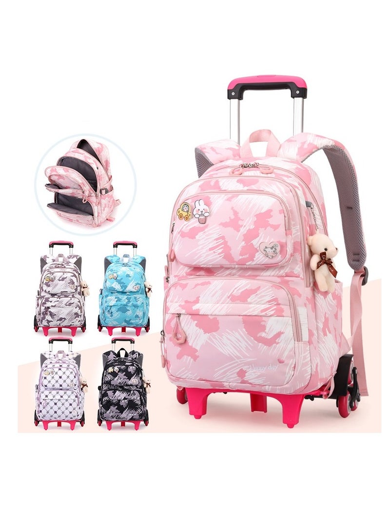 Students Backpack for Girls, Kids School Bag with Wheels Toddler Wheeled Bookbag, Fashion Printed Trolley Bags for Elementary and Middle School (Blue-5155)