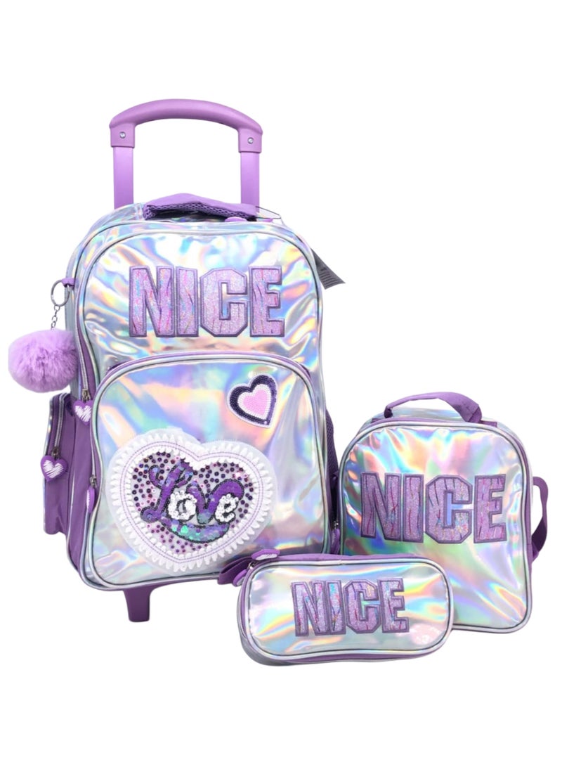 Blue Pink Love Design Rolling Backpack 18 inch Wheeled Kids Backpack with Lunch Bag and Pencil Case for Girls Blue and Pink