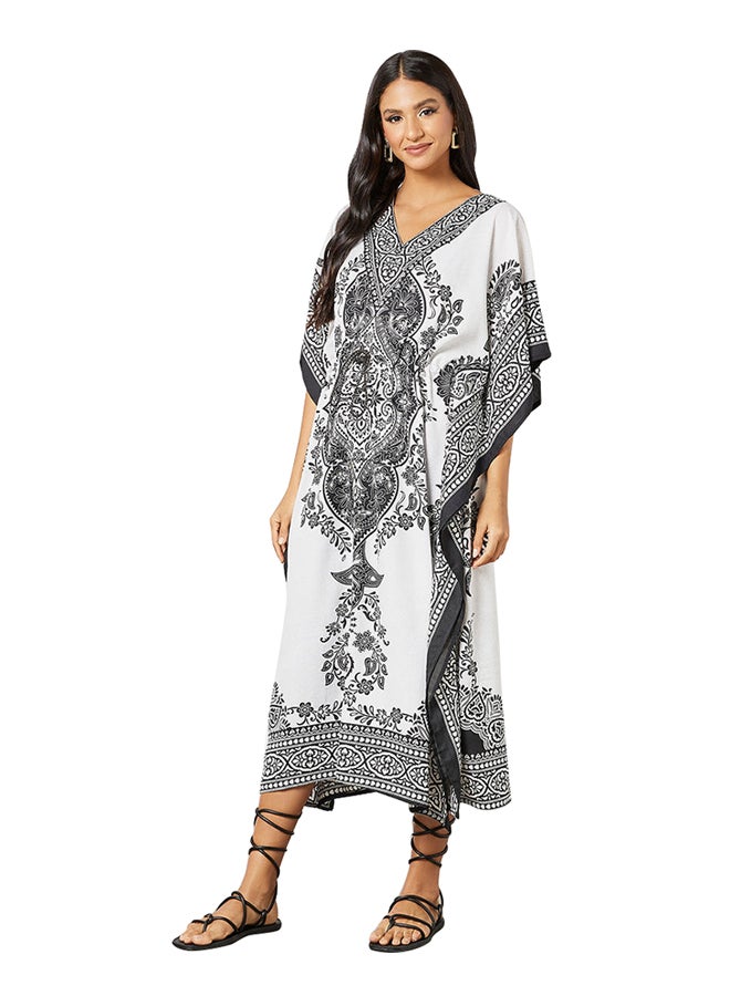 All Over Print Kaftan Dress White/Black